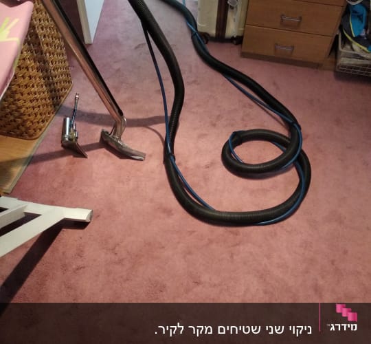 שואב אבק עם צינור על שטיח ורוד